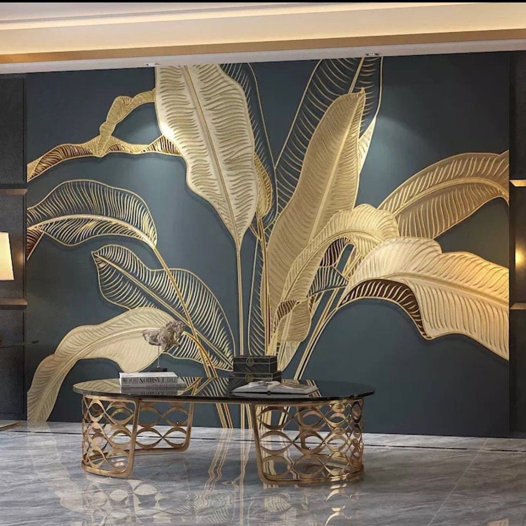 Tropical Gold Leaf Wallpaper, Peel and Stick Banana Leaves Wall Mural ...