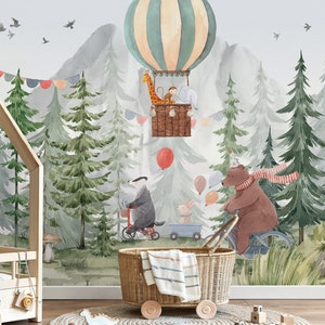 Forest Animals Kids Wallpaper, Nursery Hot Baloon Peel and Stick Trees Wall Mural, Watercolor Woodsy, Bear Bicycle Wallpaper image 2