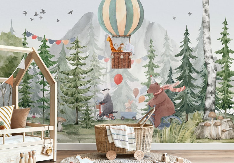 Forest Animals Kids Wallpaper, Nursery Hot Baloon Peel and Stick Trees Wall Mural, Watercolor Woodsy, Bear Bicycle Wallpaper image 2