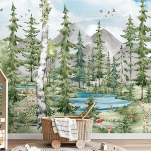Forest Kids Wallpaper, Woodland Watercolor Peel and Stick Wall Mural, Tree Kids Nursery Removable Decal Self Adhesive Wallpaper