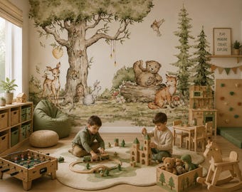 Woodland Nursery Wallpaper, Forest Animals, Magical Tree Mural (Customizable)
