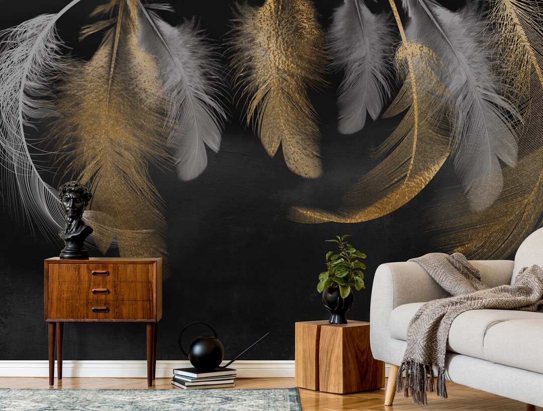 Black Gold Wallpaper, Feather Peel and Stick Wall Mural, Luxury Self