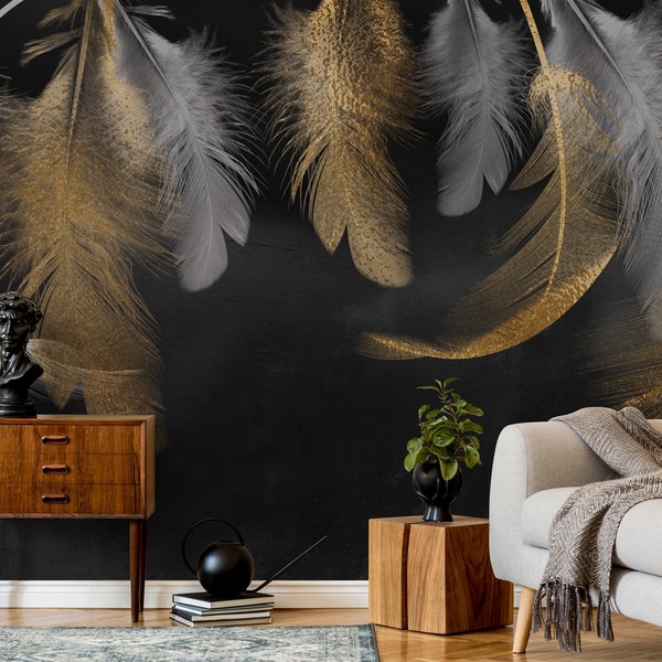 Papel pintado negro dorado, mural de pared autoadhesivo de plumas, papel pintado extraíble de lujo