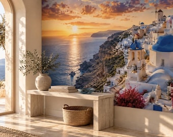 Santorini Sunset Wall Mural | Greek Blue Dome Village Wallpaper | Living Room Bedroom Kitchen Decor