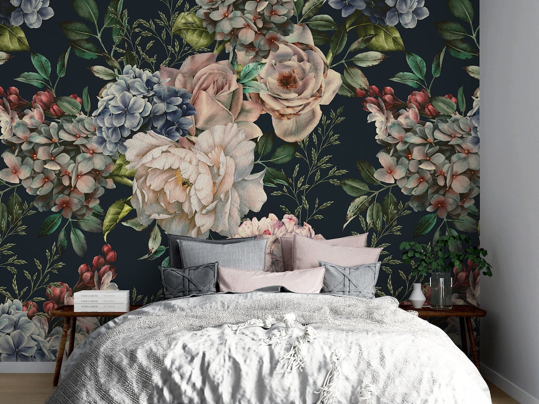 Dark Floral Wallpaper: Vintage Botanical Peel and Stick Wall Mural - Etsy