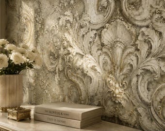 Baroque Ornament Fresco Wall Mural | Beige Stucco Relief Wallpaper | Elegant Bedroom Hall Decor