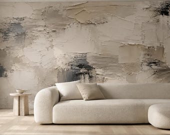 Beige Impasto Texture Wall Mural | Neutral Abstract Palette Knife Wallpaper | Minimalist Living Room Decor