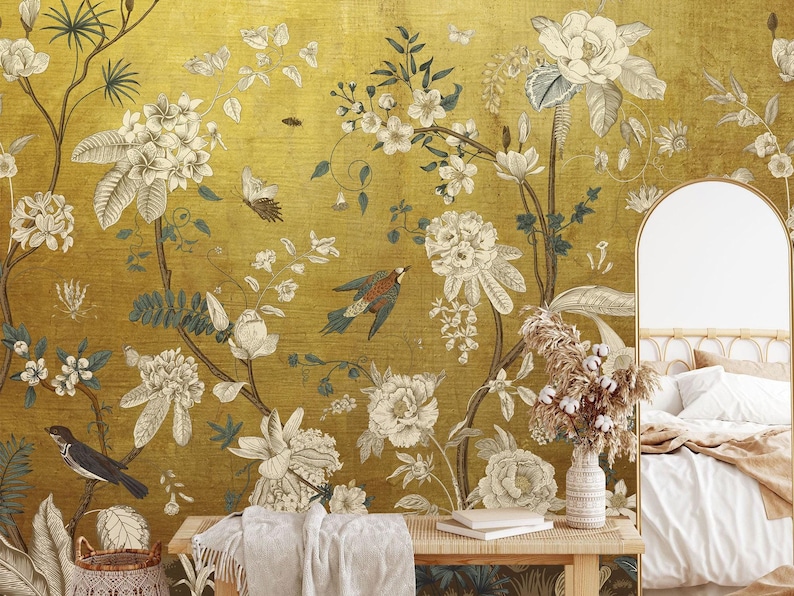Vintage Chinoiserie Peel and Stick Wallpaper with Birds, Gold Vintage Chinoiserie Botanical Wallpaper Mural, Wallpaper With Birds and Flower