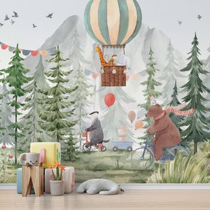 Forest Animals Kids Wallpaper, Nursery Hot Baloon Peel and Stick Trees Wall Mural, Watercolor Woodsy, Bear Bicycle Wallpaper image 1