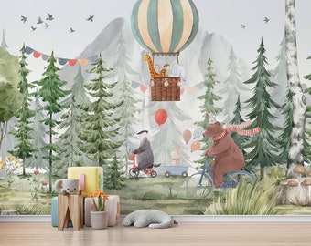 Forest Animals Kids Wallpaper, Nursery Hot Baloon Peel and Stick Trees Wall Mural, Watercolor Woodsy, Bear Bicycle Wallpaper