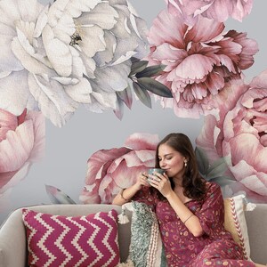 Pastel Peony Wallpaper Peel and Stick | Soft Watercolor Floral Wall ...
