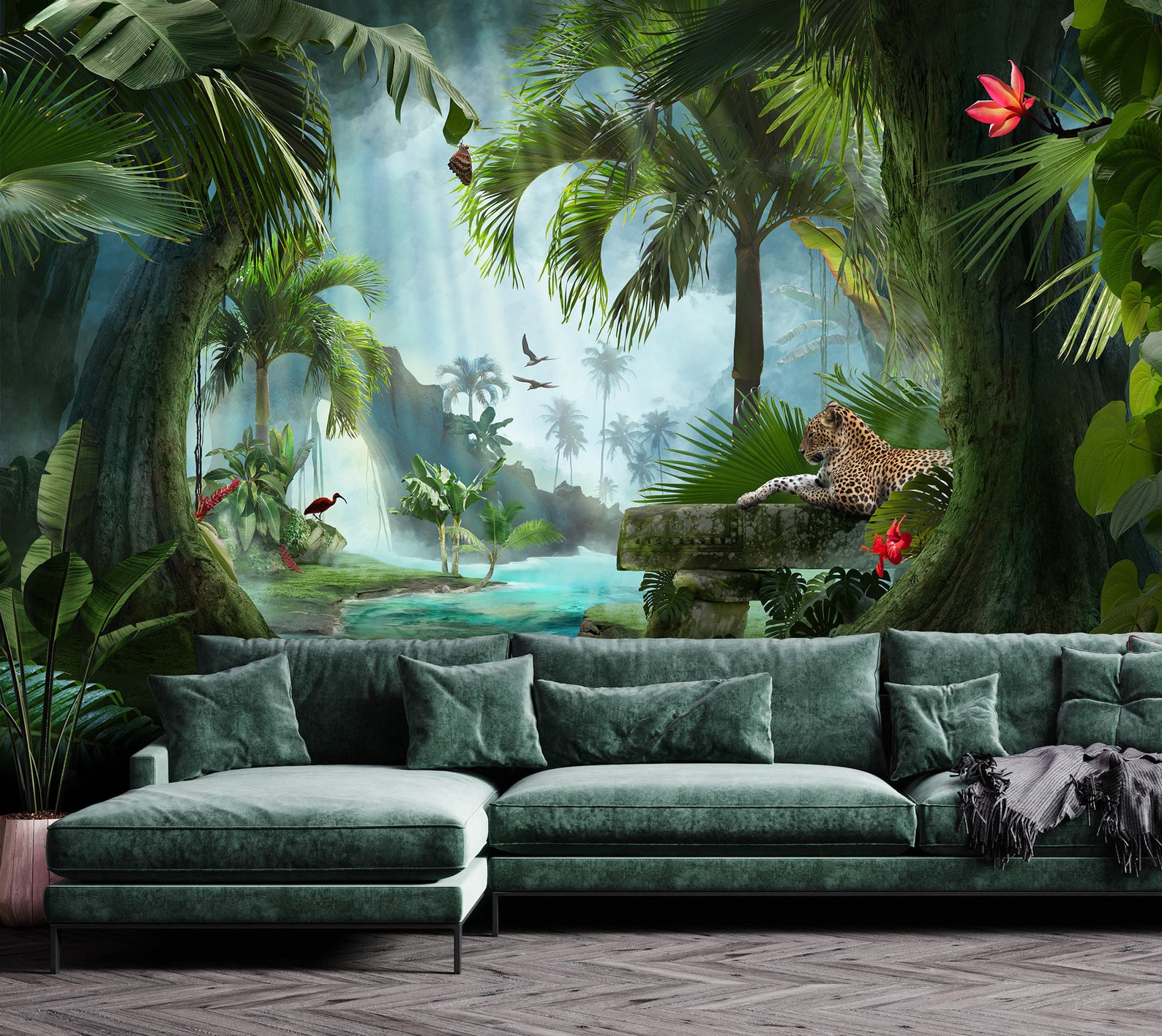 Rainforest Tropical Wallpaper, Jungle Animals Peel and Stick Wall Mural ...
