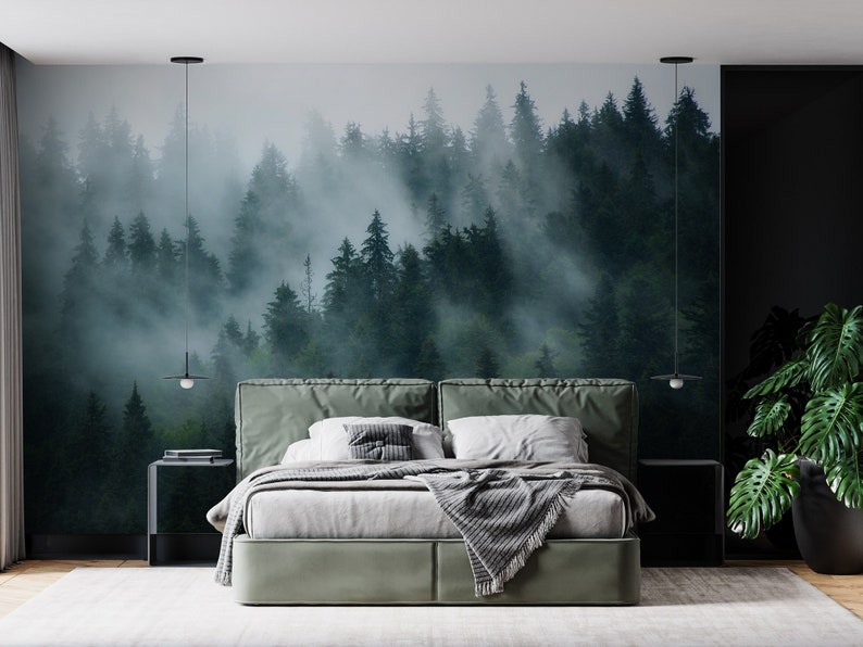 Misty Forest Wallpaper: Peel and Stick Foggy Trees Wall Mural - Etsy