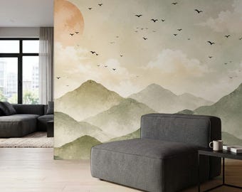 Watercolor Mountain Landscape Mural | Serene Nature Peel and Stick Wallpaper (Accent Wall Art)