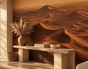 Desert Sand Dunes Wall Mural | Orange Sahara Aerial Wallpaper | Minimalist Bedroom Living Room Decor