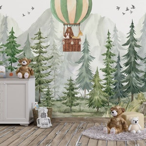 Aquarell-Wald-Tapete für Kinder zum Abziehen und Aufkleben, Wandgemälde „Mountain Hot Baloon“, Bäume, Bär, Kaninchen und Hirsch, Kinderzimmer-Wandbild, holzig