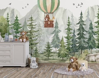 Aquarell-Wald-Tapete für Kinder zum Abziehen und Aufkleben, Wandgemälde „Mountain Hot Baloon“, Bäume, Bär, Kaninchen und Hirsch, Kinderzimmer-Wandbild, holzig