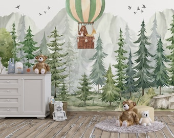 Aquarel bos kinderbehang Peel and Stick muurmuurschildering berg hete ballon, bomen, beer, konijn en hert kinderkamer muurmuurschildering Woodsy