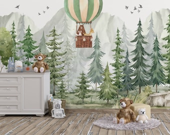 Aquarel Forest Kids Wallpaper Peel en Stick Mountain Hot Balloon Muurschildering, Bomen, Beer, Konijn en Herten Kinderkamer Muurschildering Woodsy