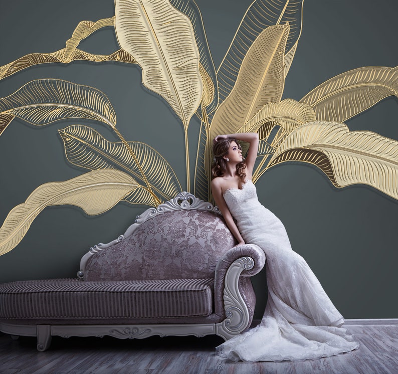 Tropical Gold Leaf Wallpaper, Peel and Stick Banana Leaves Wall Mural ...