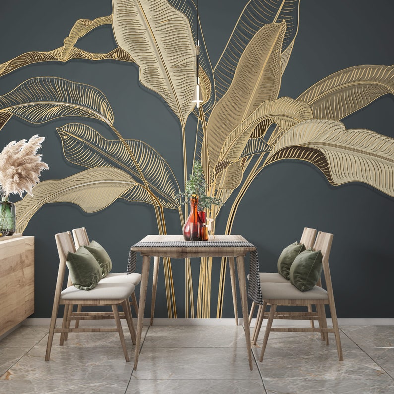 Tropical Gold Leaf Wallpaper, Peel and Stick Banana Leaves Wall Mural ...