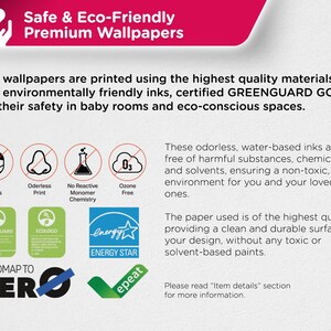 May include: A graphic showing the eco-friendly and safe features of premium wallpapers. The image includes icons for no HAPS, odorless print, no reactive monomer chemistry, and ozone free. It also features certifications from GREENGUARD, ECO LOGO, and ENERGY STAR. The text reads "Safe & Eco-Friendly Premium Wallpapers" and "Roadmap to Zero".