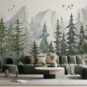 Carta da parati con alberi disegnati a mano, carta da parati con foresta di montagna ad acquerello, decalcomania decorativa moderna con alberi disegnati a mano, Mystic Woods