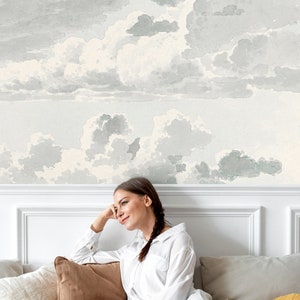 Watercolor Clouds Wallpaper, Peel and Stick Minimal Hand Drawn Sky Wall Mural, Self Adhesive Removable Wallpaper