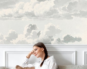 Aquarel wolken behang, schil en plak minimale handgetekende hemelmuur muurschildering, zelfklevend verwijderbaar behang