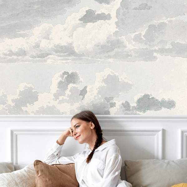 Watercolor Clouds Wallpaper, Peel and Stick Minimal Hand Drawn Sky Wall Mural, Self Adhesive Removable Wallpaper