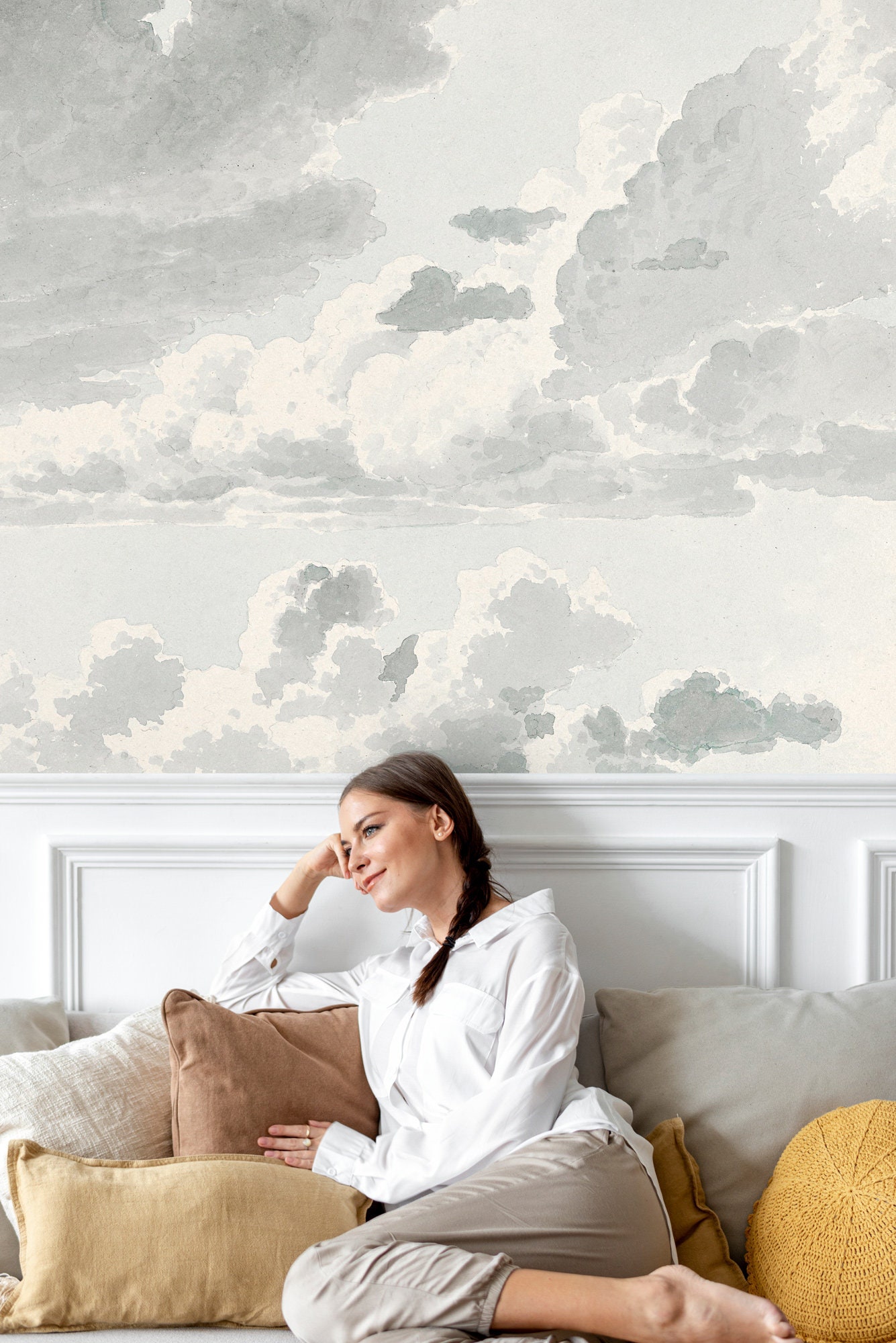Watercolor Clouds Wallpaper, Peel and Stick Minimal Hand Drawn Sky Wall Mural, Self Adhesive Removable Wallpaper