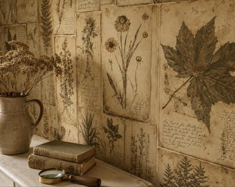 Herbarium Specimen Wall Mural | Vintage Botanical Chart Wallpaper | Sepia Study Library Cottage Decor