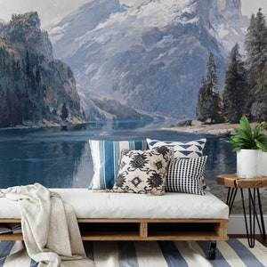 Painting Art Wallpaper Mountain and Lake Landscape Peel and Stick Wall ...