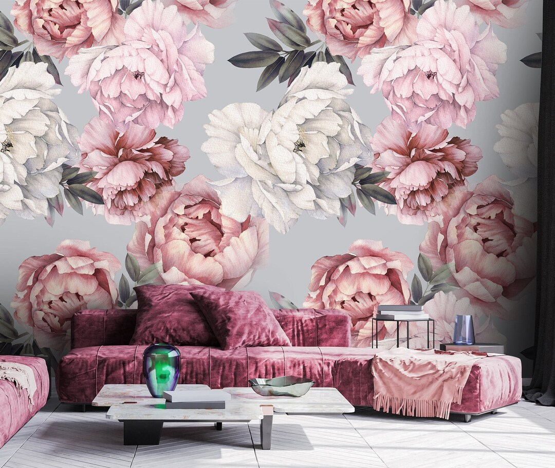 Pastel Peony Wallpaper Peel and Stick | Soft Watercolor Floral Wall ...