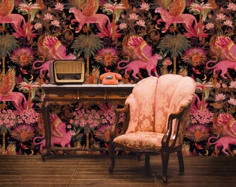 Maximalist Pink Winged Panther Tropical Wallpaper, Art Deco Eclectic Wall Mural (Peel and Stick)