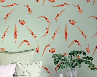 Swimmer Pattern Wallpaper, Red Swimsuits, Pastel Green Background (Customizable)