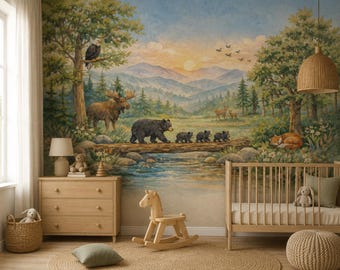 Woodland Nursery Wallpaper, Watercolor Forest Animals Wall Mural, Bear Deer Fox Decor