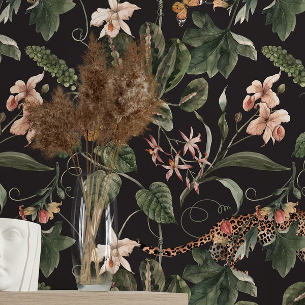 Vintage Dark Floral Wallpaper: Jaguar Retro Peel and Stick Wall Mural
