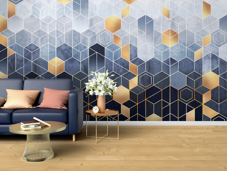 Hexagons Wallpaper Peel and Stick Blue Gold Geometric Wall Etsy