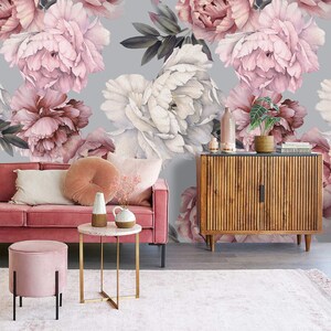 Pastel Peony Wallpaper Peel and Stick | Soft Watercolor Floral Wall ...