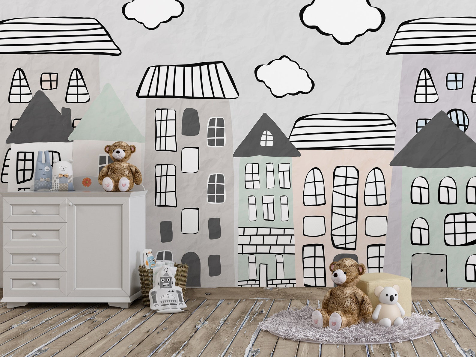 Hand Drawn Cityscape Wallpaper, Kids Room, Textured Paper (peel and ... - Textured Wallpaper For Small City Home