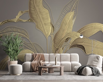 Tropical Gold Leaf Wallpaper, 3D Banana Leaves Wall Mural (Peel and Stick)