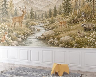 Watercolor Forest Animal Nursery Wallpaper, Deer Fox Bunny Mountain Landscape (Customizable)
