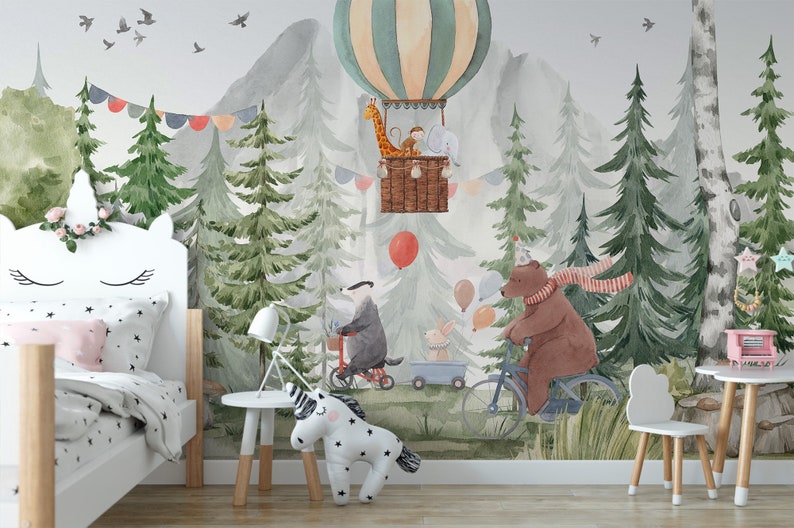 Forest Animals Kids Wallpaper, Nursery Hot Baloon Peel and Stick Trees Wall Mural, Watercolor Woodsy, Bear Bicycle Wallpaper image 5