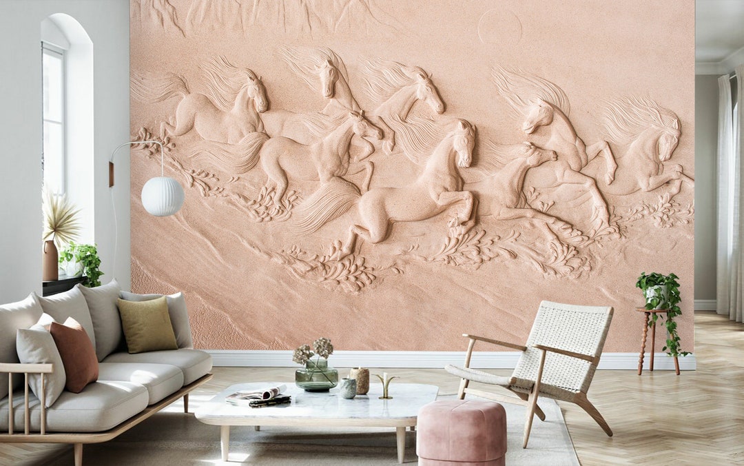 3D Embossed Horse Wallpaper, Peel and Stick Running Horses Wall Mural