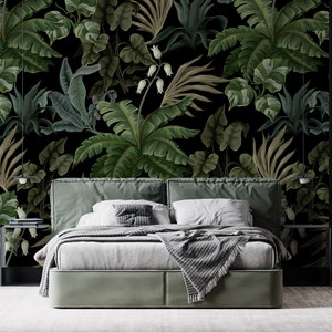 Dark Tropical Leaves Wallpaper, Botanical Peel and Stick Wall Mural - Etsy