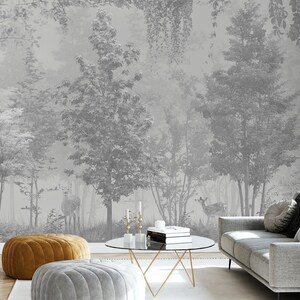 Carta da parati della foresta mistica, decorazione murale con alberi staccabili e adesivi, carta da parati autoadesiva rimovibile con animali della foresta selvaggia
