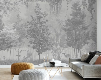 Mystic Forest Wallpaper, Trees Peel and Stick Wall Mural, Wild Forest Animals Self Adhesive Removable Wallpaper