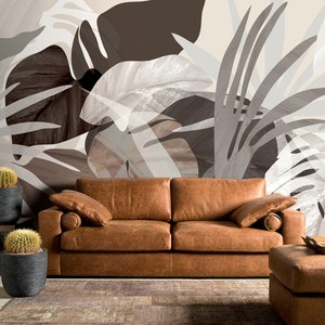 Beige Tropical Wallpaper – Peel and Stick Palm Leaves Mural, Botanical Neutral Wall Decor, Self Adhesive Removable Wallpaper