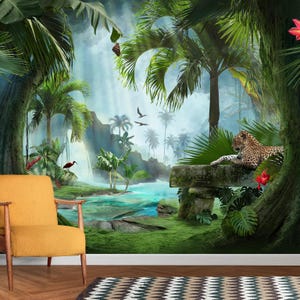 May include: A vibrant jungle scene featuring lush green foliage, a waterfall, and a leopard resting on a stone structure. A yellow chair sits in the foreground, with a patterned rug on the floor. The image evokes a sense of tranquility and adventure.
